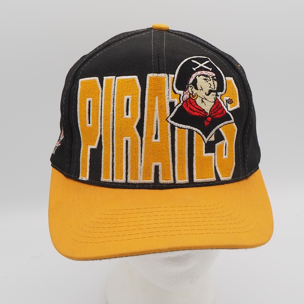 VTG Pittsburgh Pirates Rare Logo 7 Hat Snapback Cap Spellout Jolly Roger 90s MLB